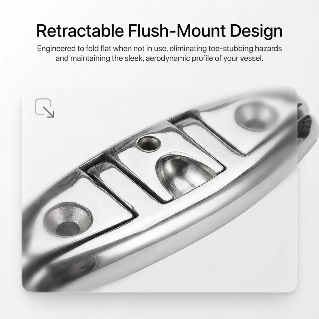Macro view of the retractable flush-mount design, engineered to fold flat to eliminate toe-stubbing hazards on boat decks.