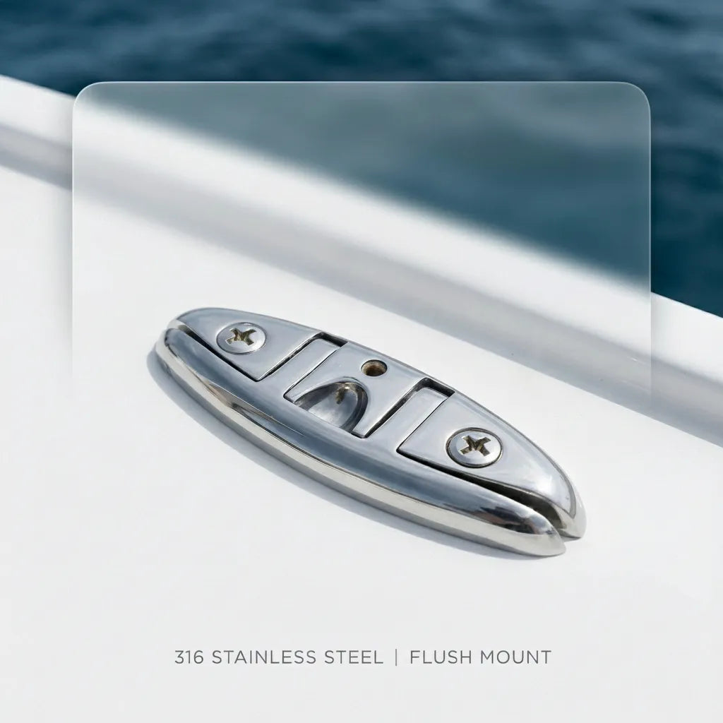 Top-down view of the folding dock cleat showing the two-screw mounting interface and smooth articulated hinge mechanism.