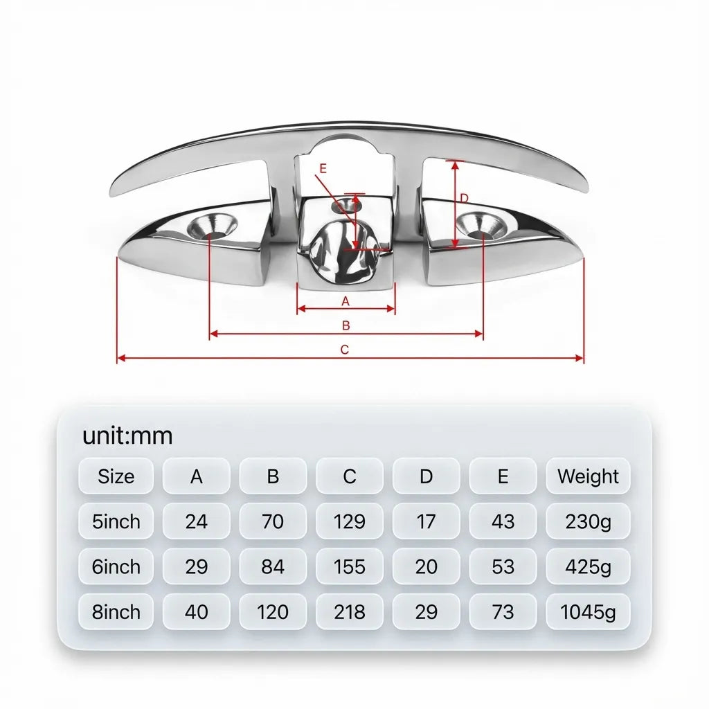 Technical dimension chart for 5-inch, 6-inch, and 8-inch variants, including mounting hole spacing (A, B) and product weights in grams.