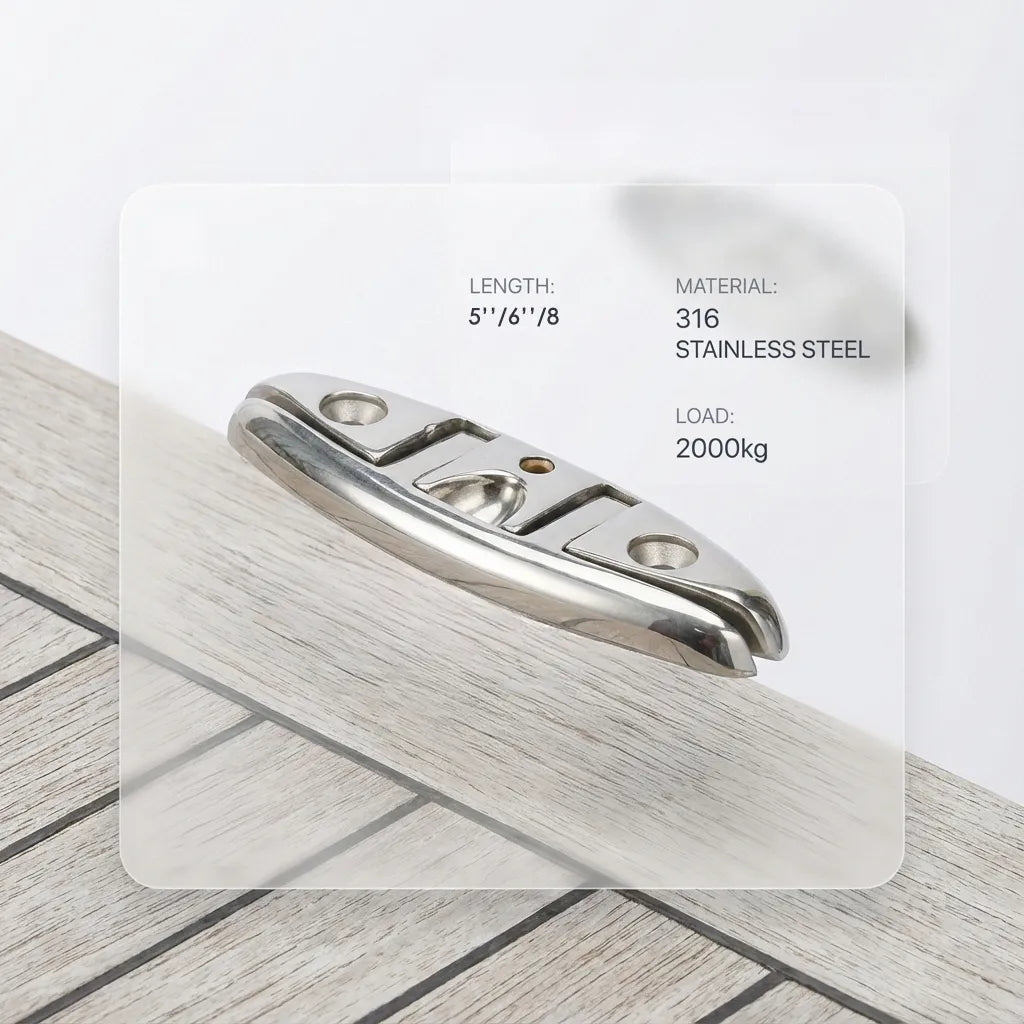 Perspective view of the stainless steel cleat resting on a teak-style boat floor, emphasizing the high load capacity of 2000kg for marine docking.
