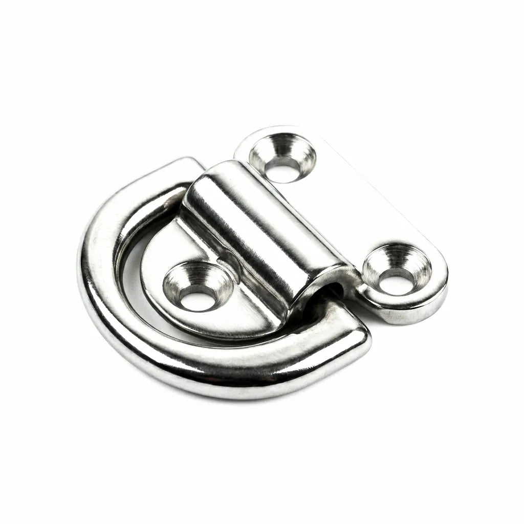 Professional grade mirror-polished 316 stainless steel folding pad eye D-ring on white background.