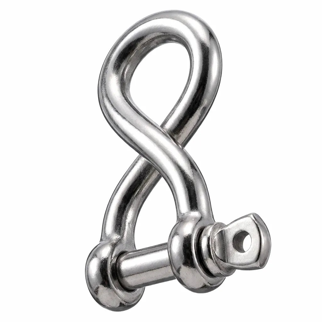 Mirror-polished 316 marine-grade stainless steel forged twisted shackle with screw pin on a white background.