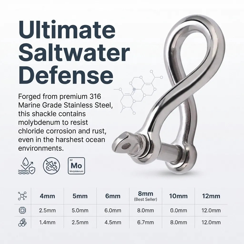 Infographic explaining the role of Molybdenum in 316 stainless steel for saltwater defense and corrosion resistance.