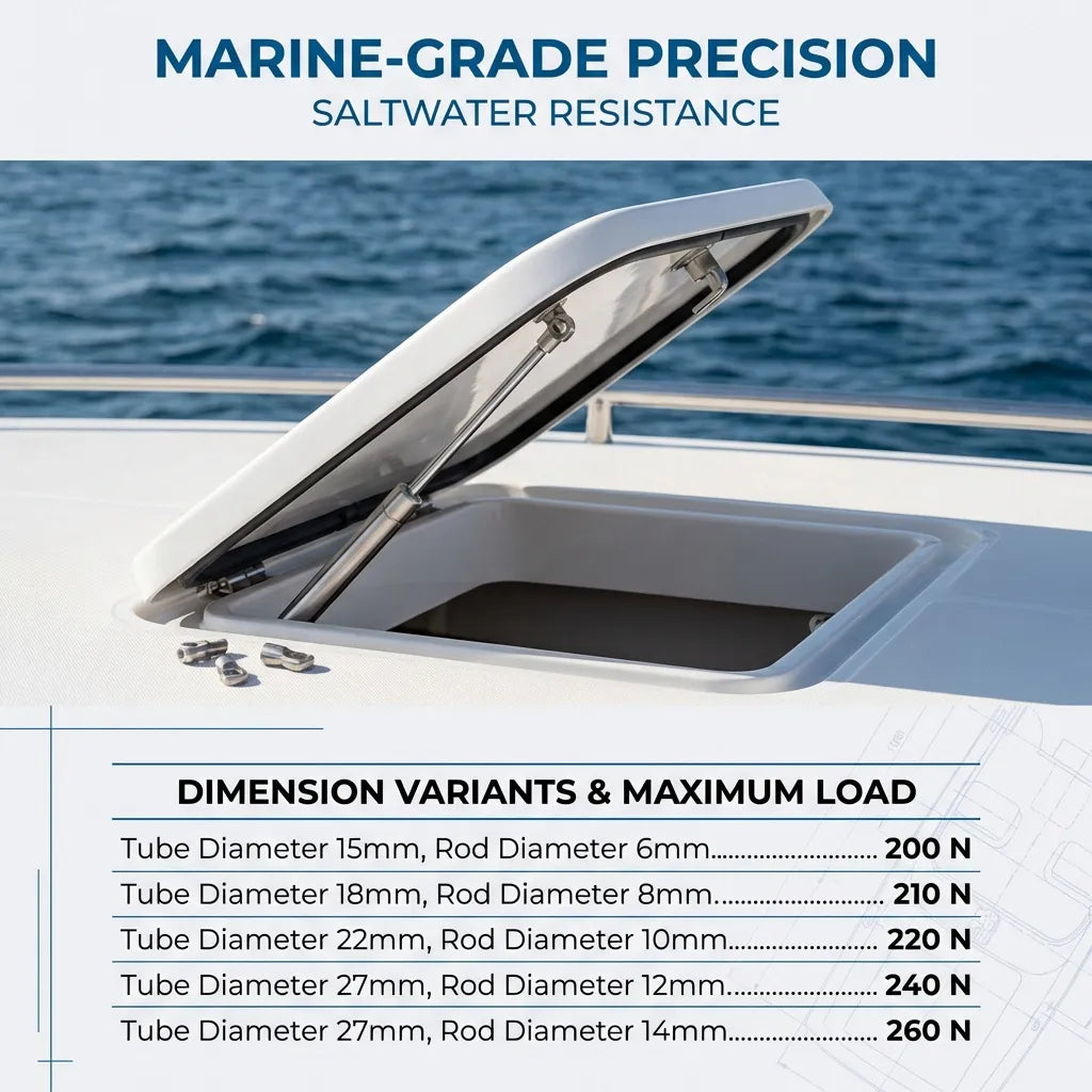 A high-precision 316 stainless steel gas strut installed on a white yacht deck hatch, demonstrating saltwater resistance in a marine environment.