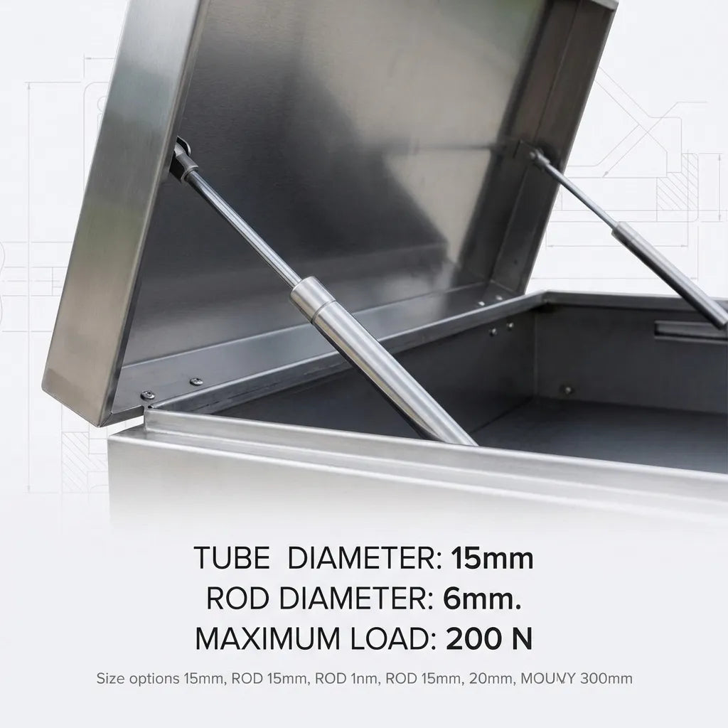 Two 15mm tube diameter stainless steel gas springs supporting the heavy lid of an industrial metal storage container.