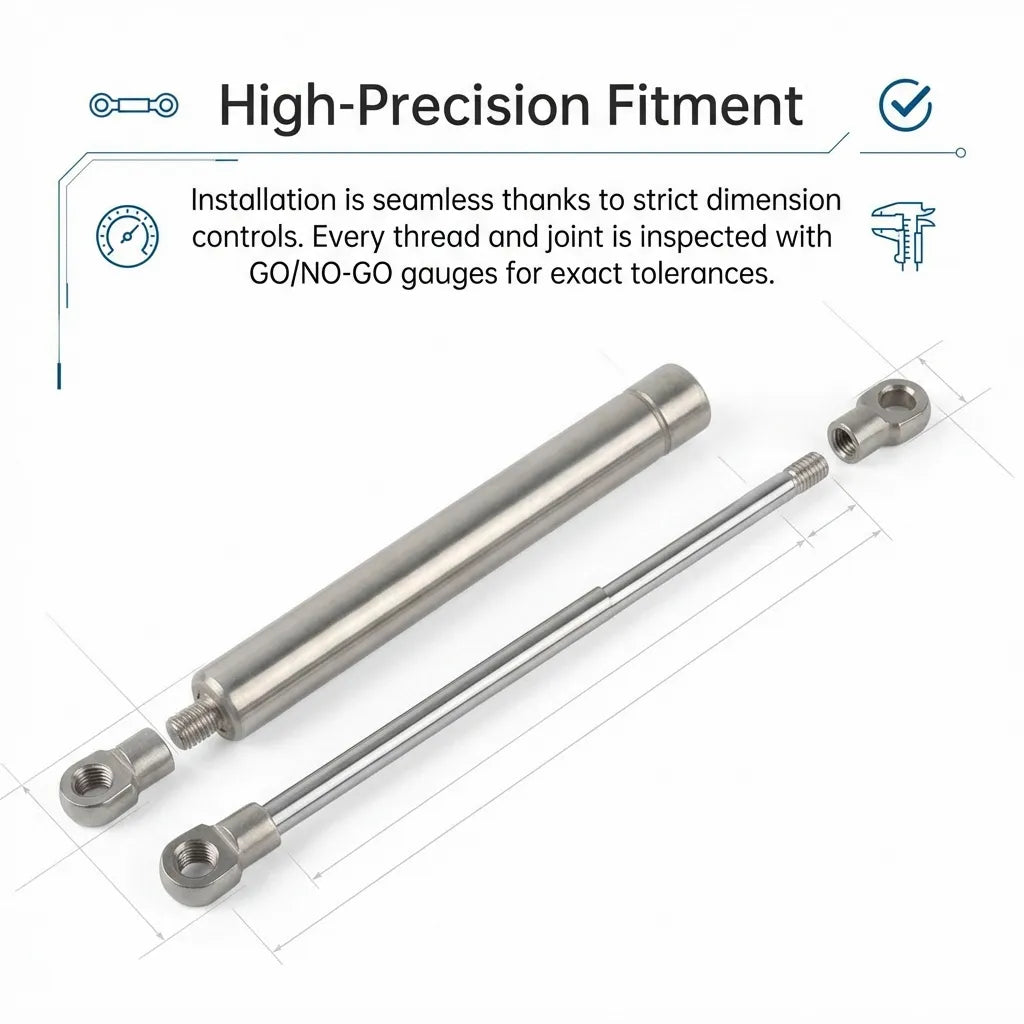 Exploded view of the gas spring components emphasizing high-precision fitment and GO/NO-GO gauge inspection for exact tolerances.