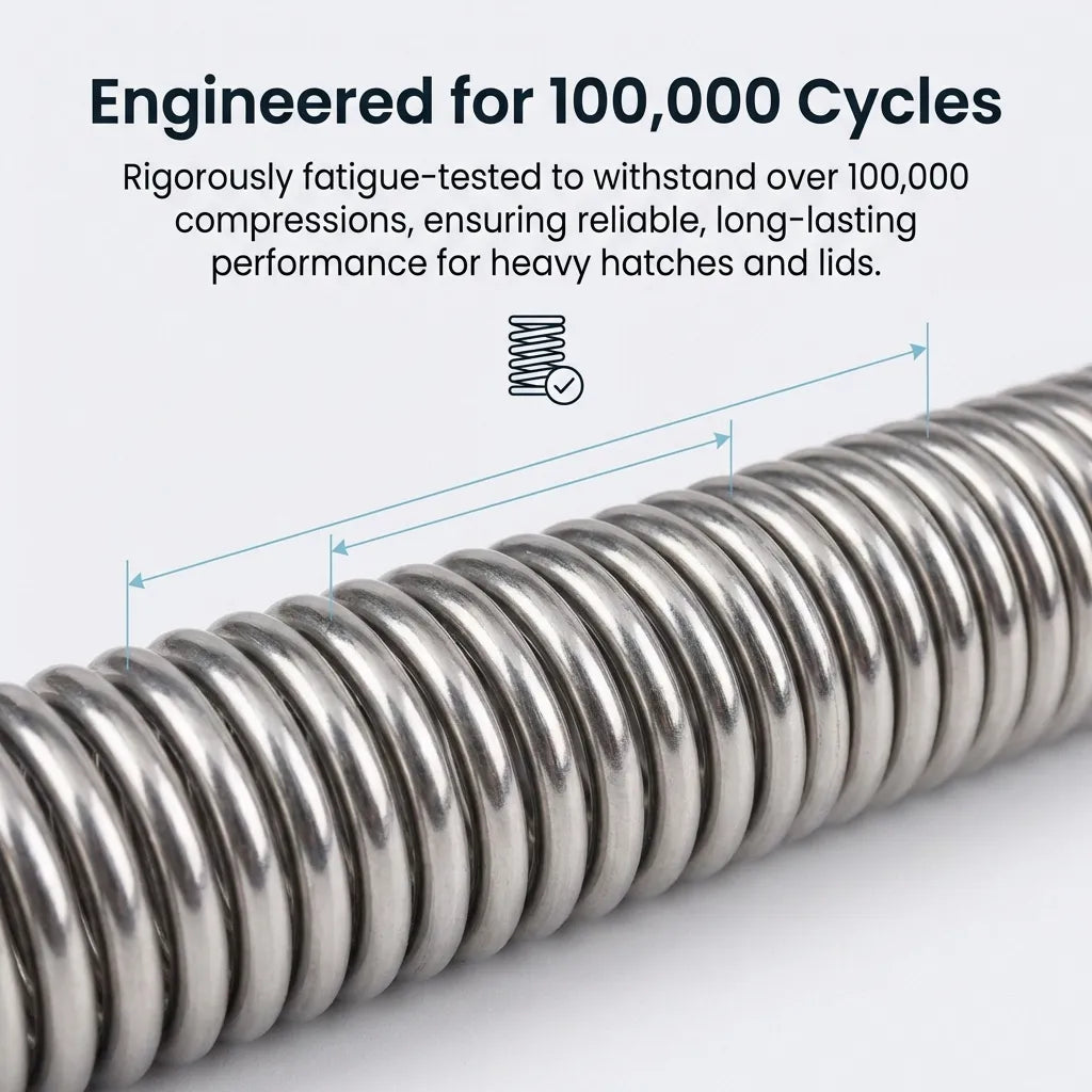 Close-up of spring coils with text indicating 100,000 cycles fatigue testing for heavy boat hatch and lid reliability.