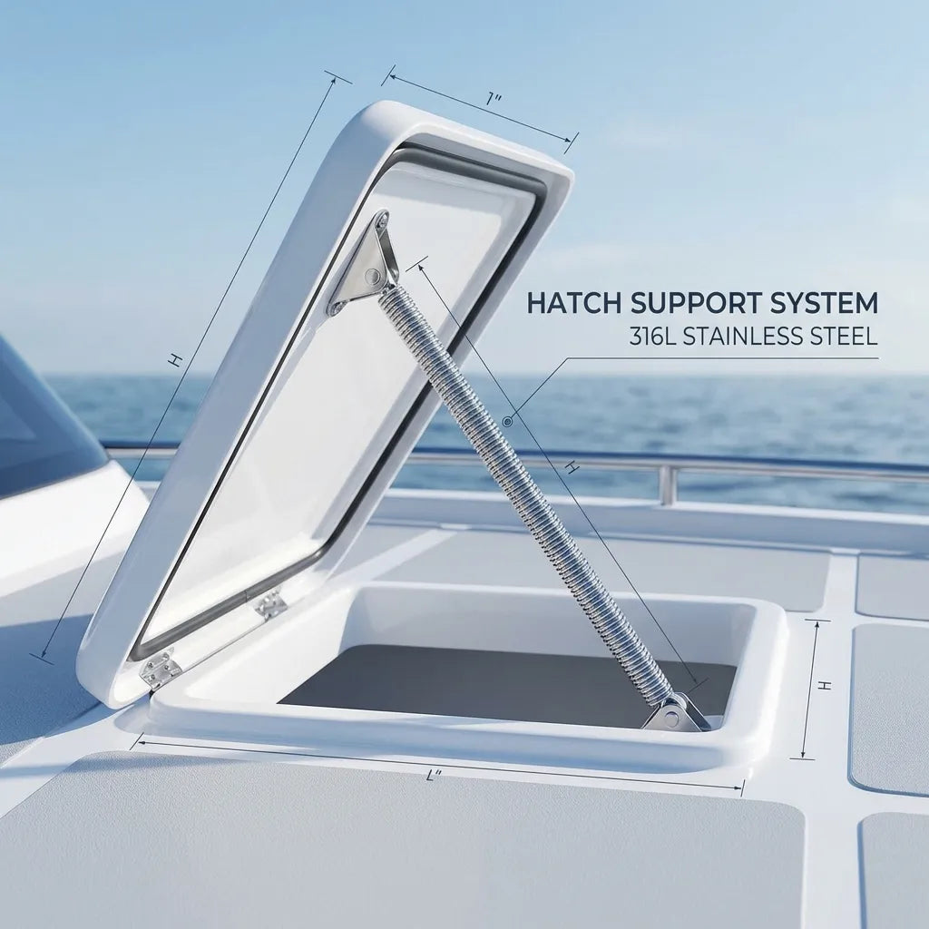 Mirror-polished stainless steel spring adjuster installed on a white fiberglass yacht hatch, demonstrating lift support functionality.