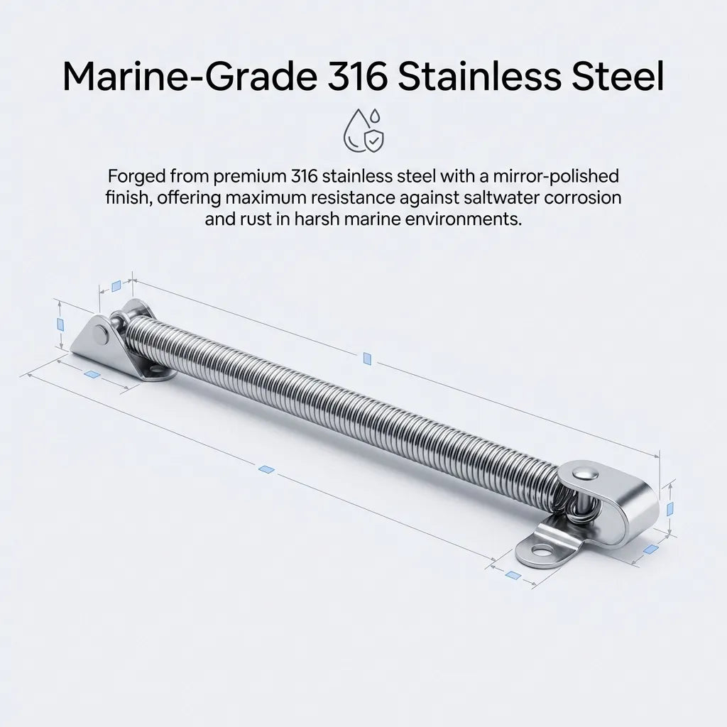 Diagram highlighting marine-grade 316 stainless steel forging with mirror-polished finish for maximum saltwater corrosion resistance.