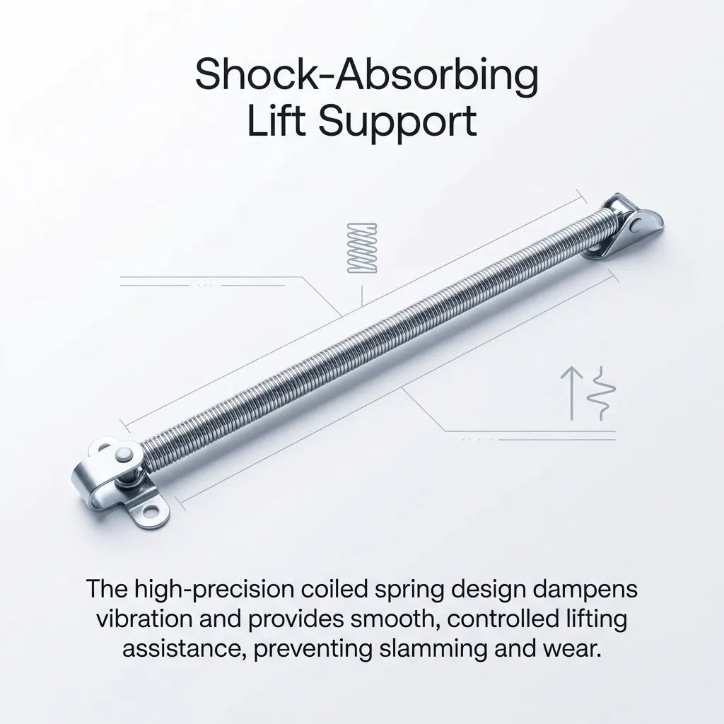 Visualization of the high-precision coiled spring design providing shock-absorbing lift assistance and vibration dampening.