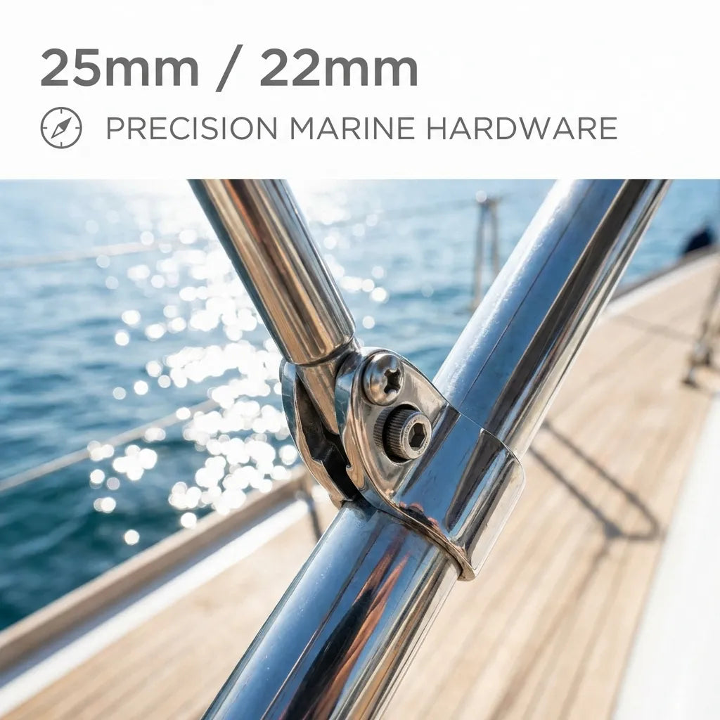 Action shot of the stainless steel jaw slide installed on a luxury yacht railing, demonstrating real-world marine application.