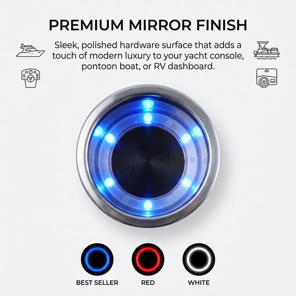 Top-down view of the cup holder showcasing the premium mirror finish and the circular LED arrangement for yacht and pontoon boat consoles.