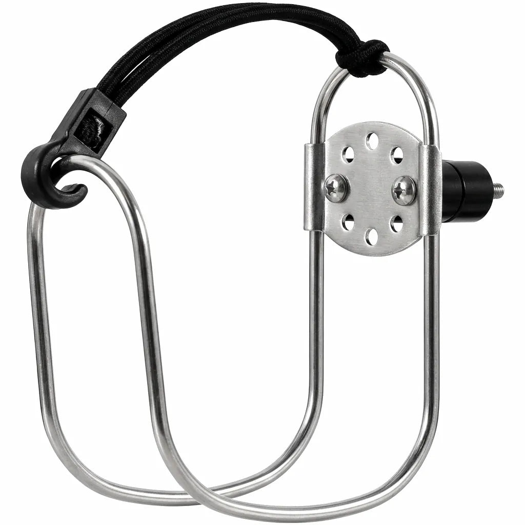 Mirror-polished 316 stainless steel life buoy holder with quick-release bungee cord on a white background.