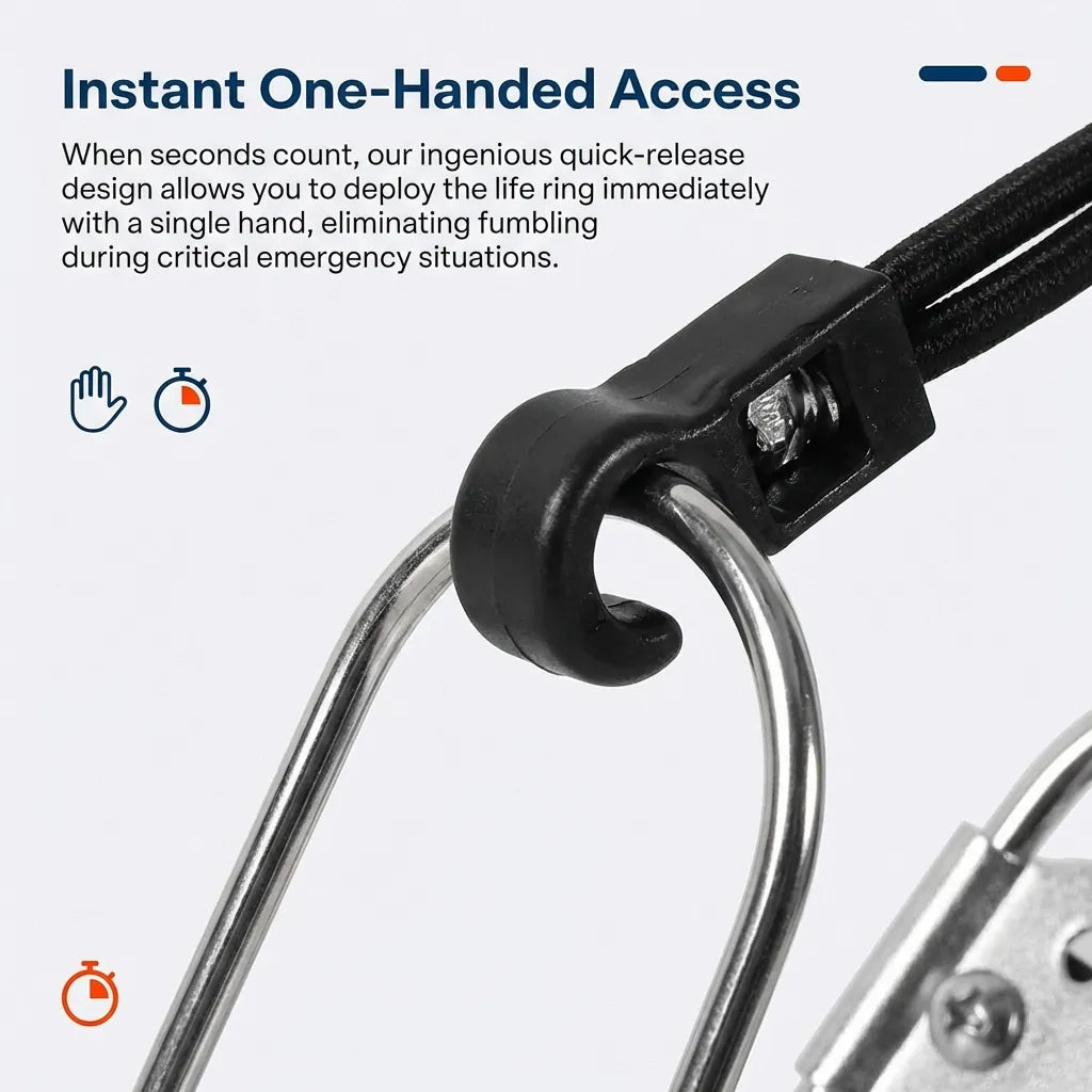 Extreme close-up of the heavy-duty black nylon hook and bungee cord designed for one-handed emergency deployment.