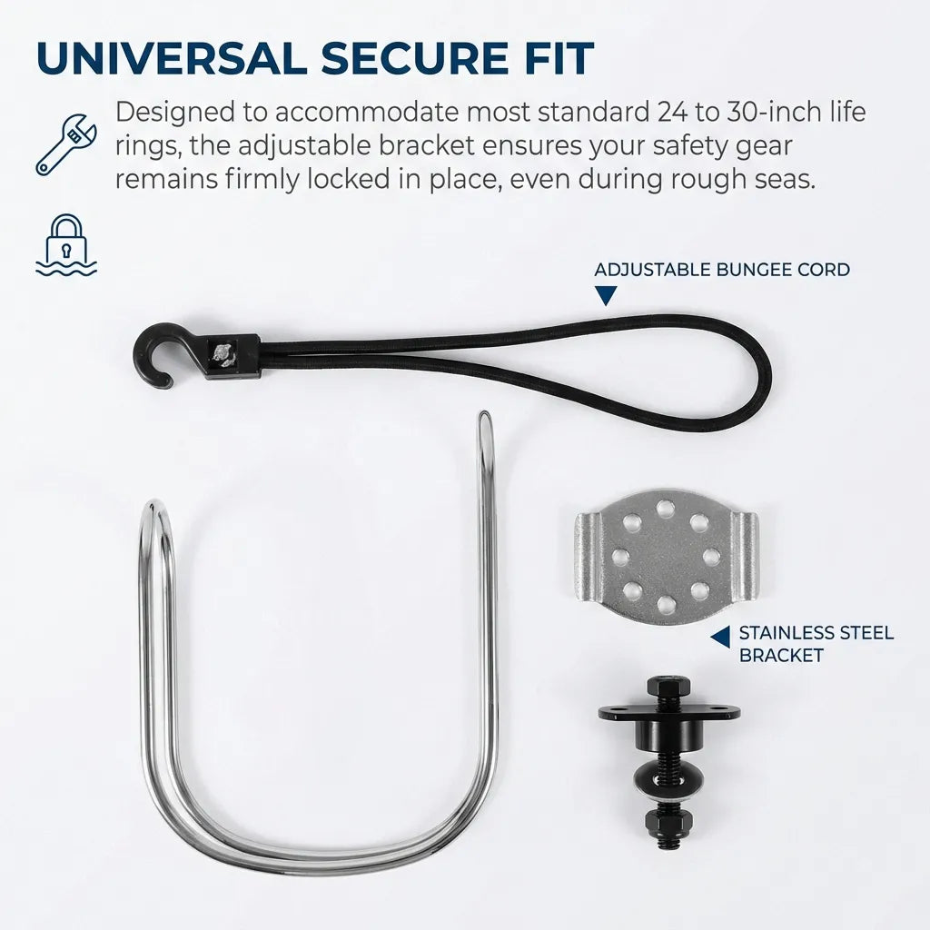 Exploded view of the assembly including the adjustable bungee cord, 316 steel bracket, and plastic wall mount system.