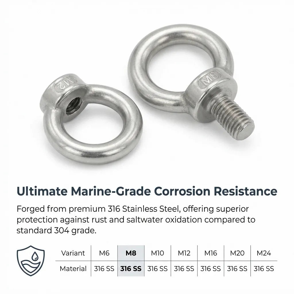 Material comparison infographic highlighting 316 stainless steel's superior corrosion resistance over 304 grade for marine environments.