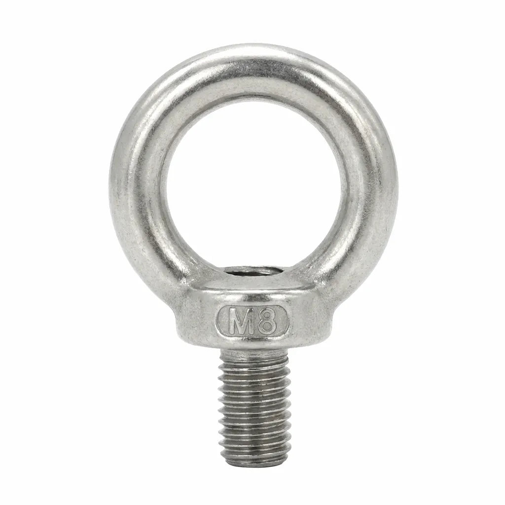 Hero shot of a 316 stainless steel M8 eye bolt on a pure white background showing high-polish finish and precision threading.