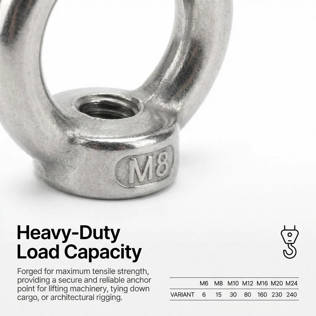 Close-up macro shot of the M8 engraving on the eye bolt base with a table highlighting tensile strength and load capacity for various sizes.