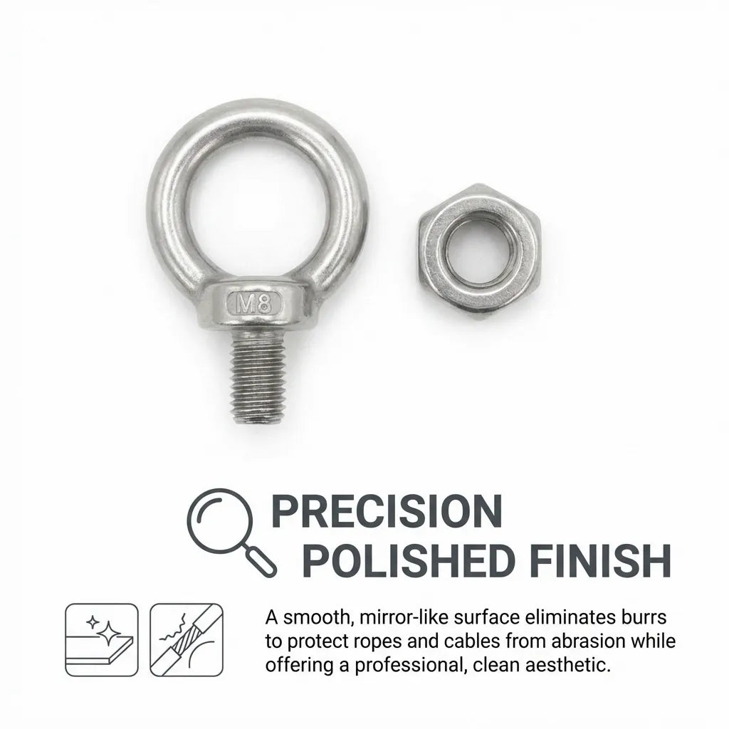 Overhead view of a polished eye bolt next to its corresponding hex nut, demonstrating the mirror-like surface and burr-free finish.