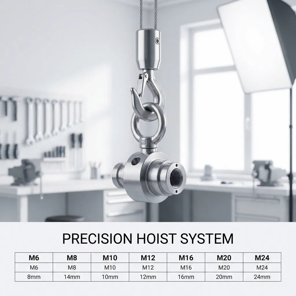 Precision hoist system featuring a heavy-duty stainless steel eye nut and shackle assembly in an industrial workshop setting.