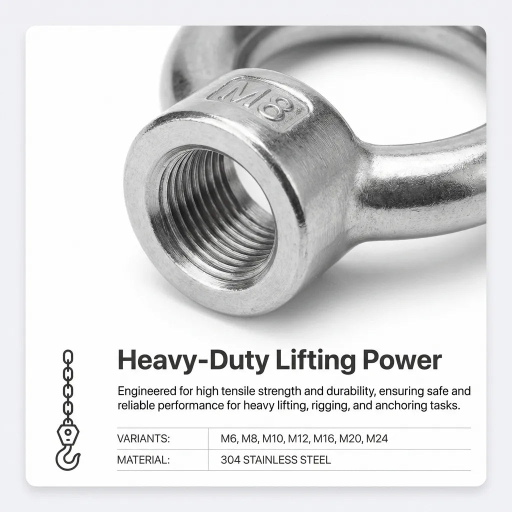Macro view of high-tensile strength internal threading on a 304/316 stainless steel eye nut highlighting manufacturing precision.