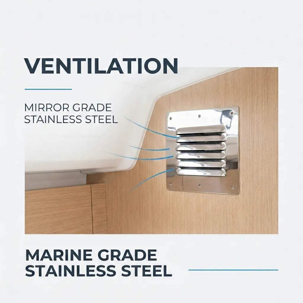Interior shot showing the marine grade stainless steel vent mounted on a wooden cabin wall to provide airflow inside the vessel.