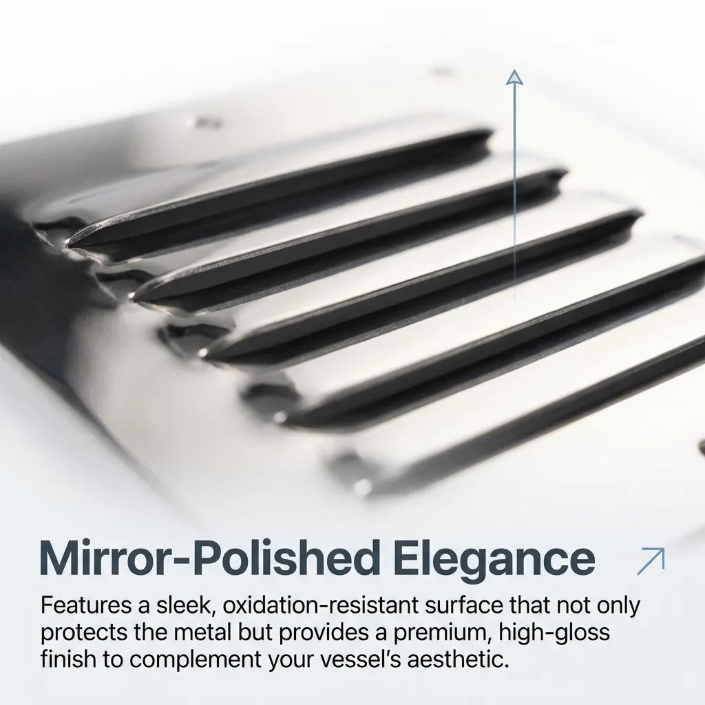 Macro shot demonstrating the mirror-polished finish of the stainless steel slats, showing high reflectivity and smooth edges.