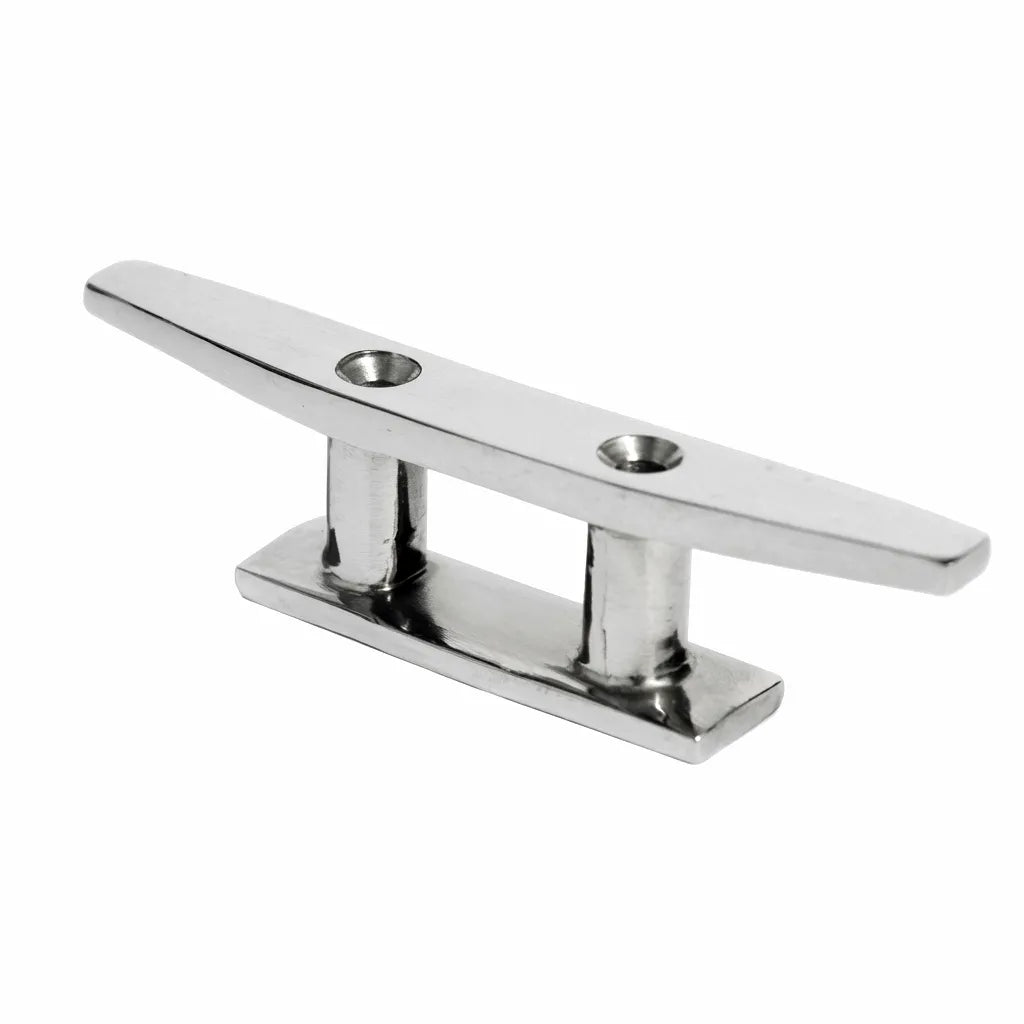 Professional hero shot of a 316 stainless steel low-profile boat cleat on a pure white background showing mirror-polished finish.