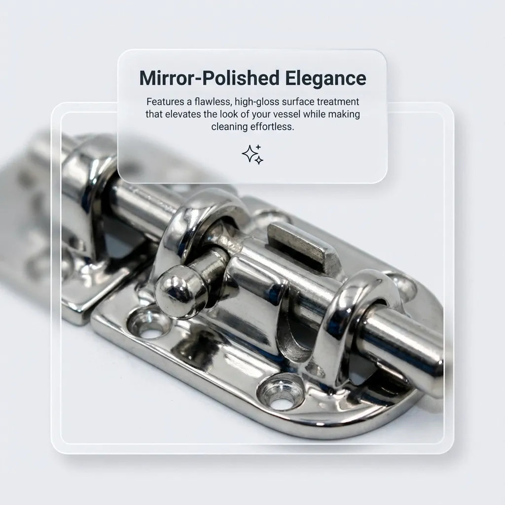 Macro view of the high-gloss mirror-polished surface on the stainless steel latch, highlighting reflective quality.