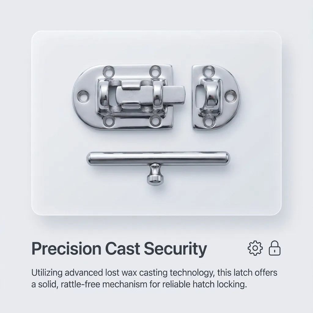 Exploded view of the boat latch components showing lost wax casting construction and rattle-free bolt mechanism.
