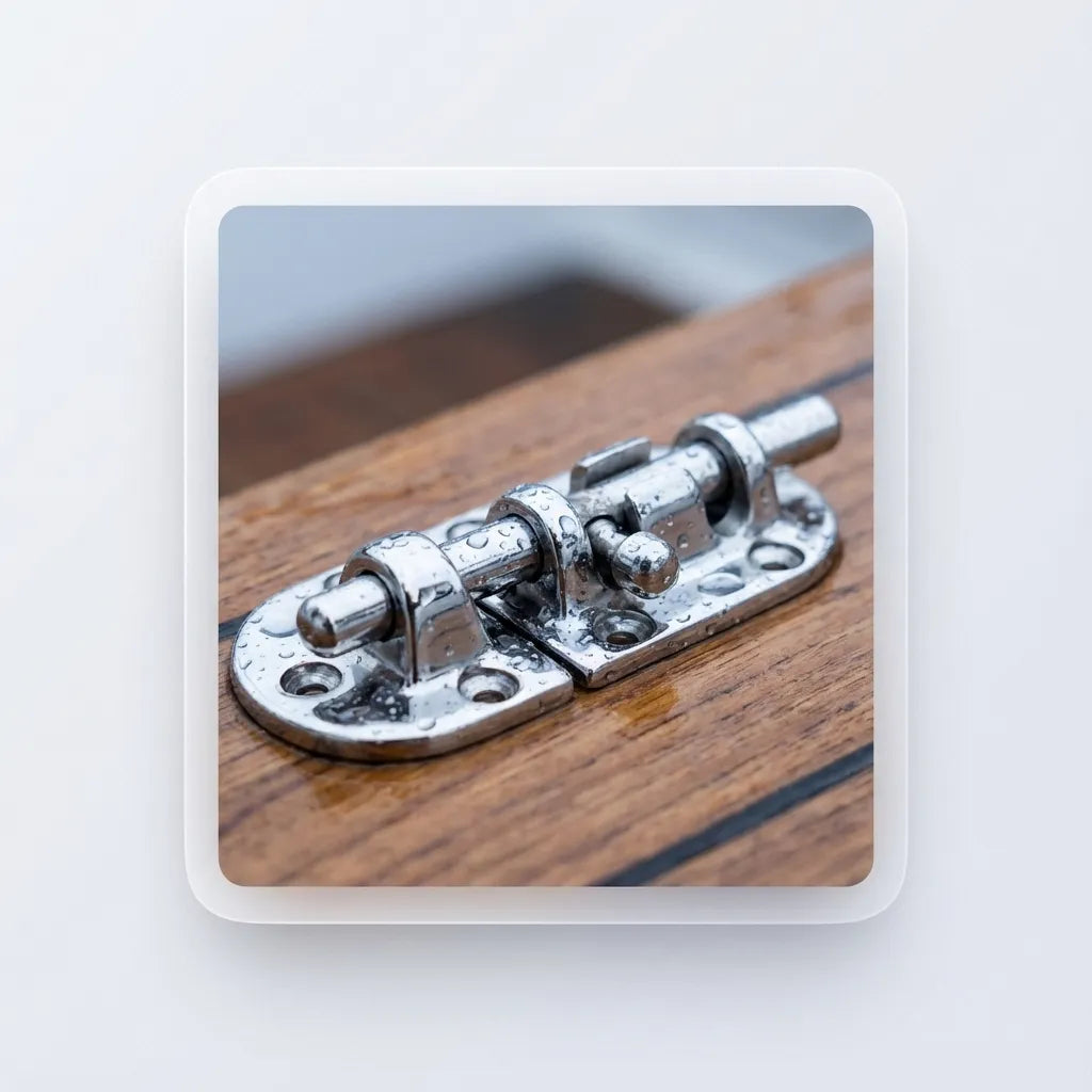316 stainless steel latch shown on a wet teak wood deck with water droplets, demonstrating corrosion resistance.