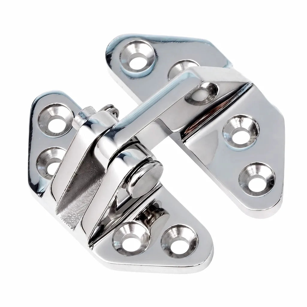 Close-up of mirror-polished 316 stainless steel marine butterfly hinge for boat decks and doors, showcasing robust construction.