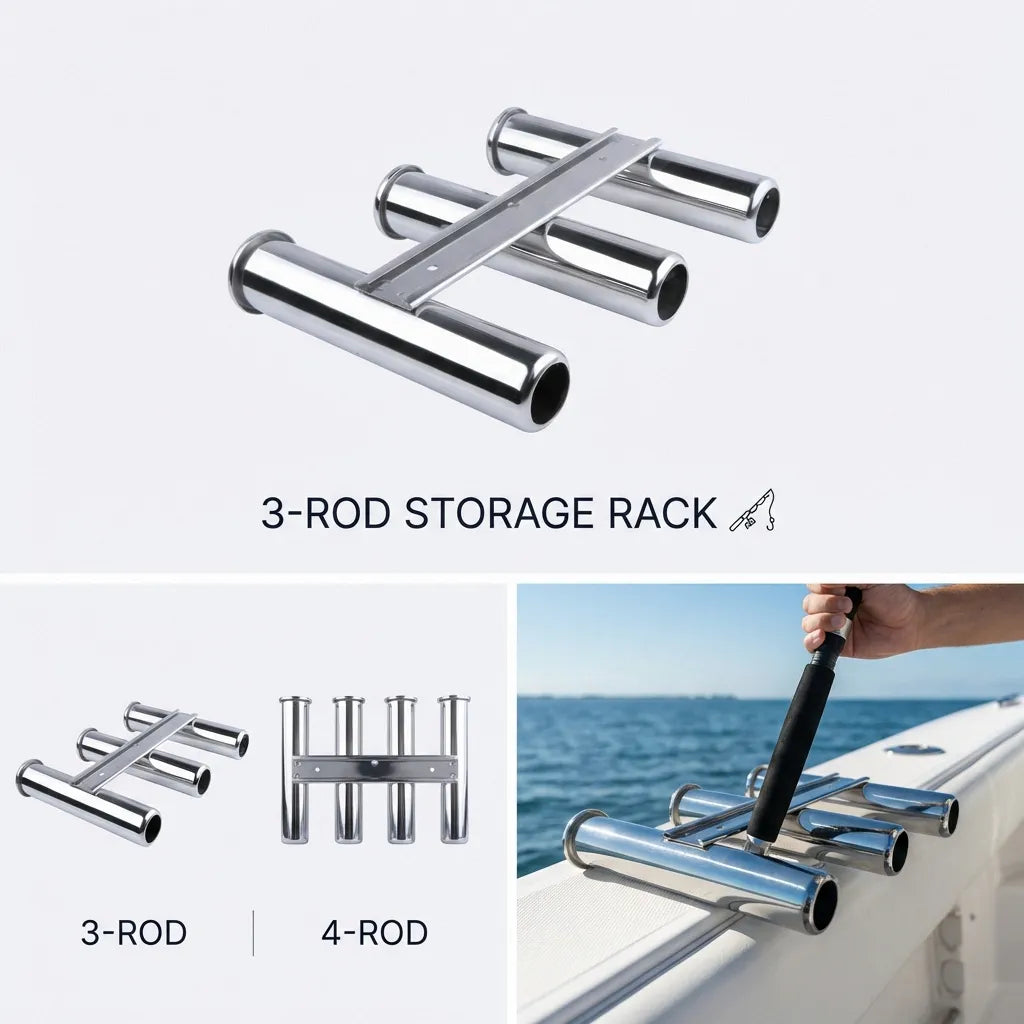 Close-up action shot of an angler placing a fishing rod into the 3-rod mirror-polished stainless steel rack mounted on a boat gunwale.