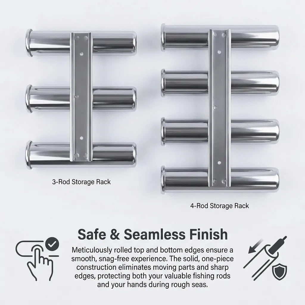 Technical detail shot showing the meticulously rolled top and bottom edges of the stainless tubes designed to prevent rod abrasion and hand injuries.
