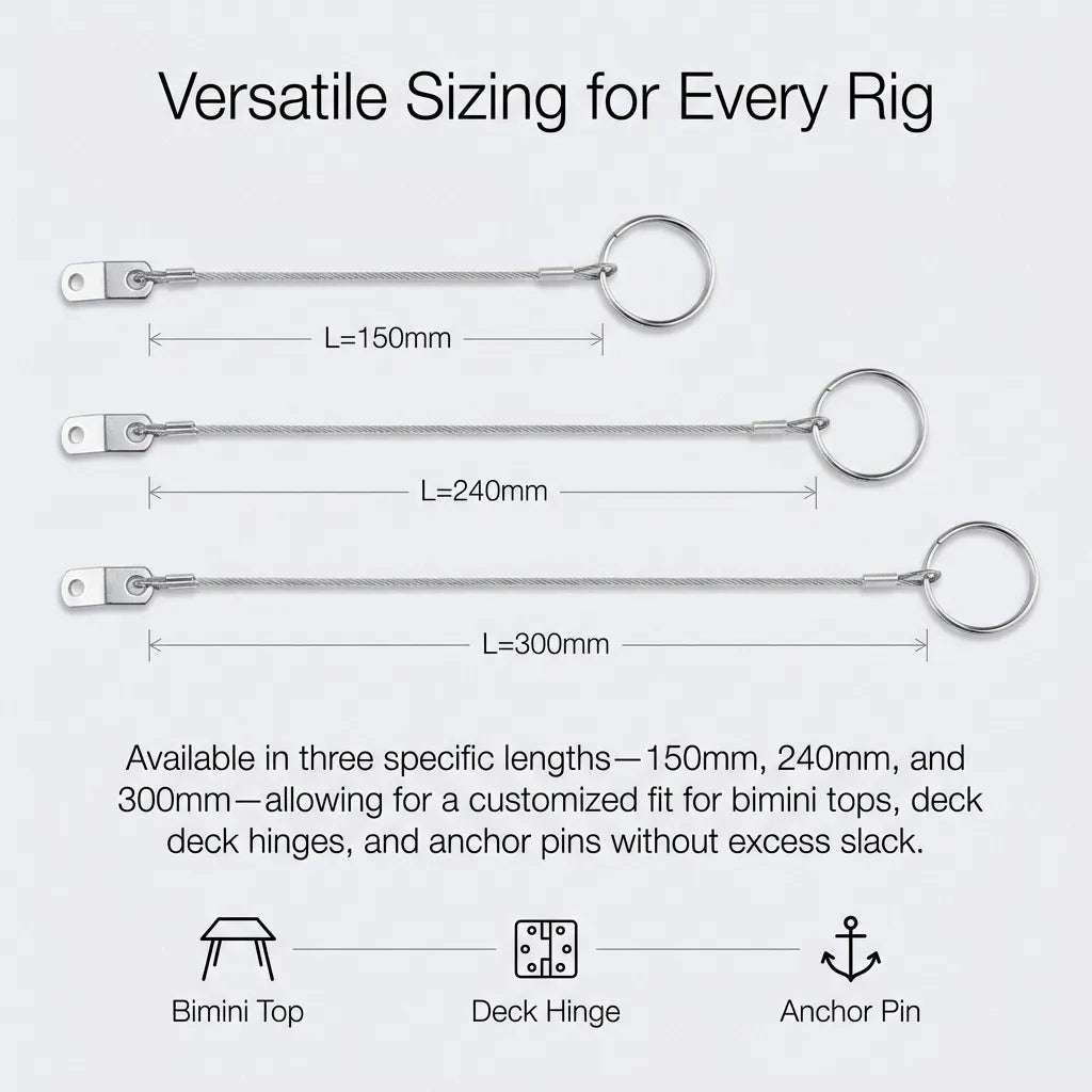 Application guide for 150mm to 300mm lanyards suitable for Bimini tops, deck hinges, and anchor pins.