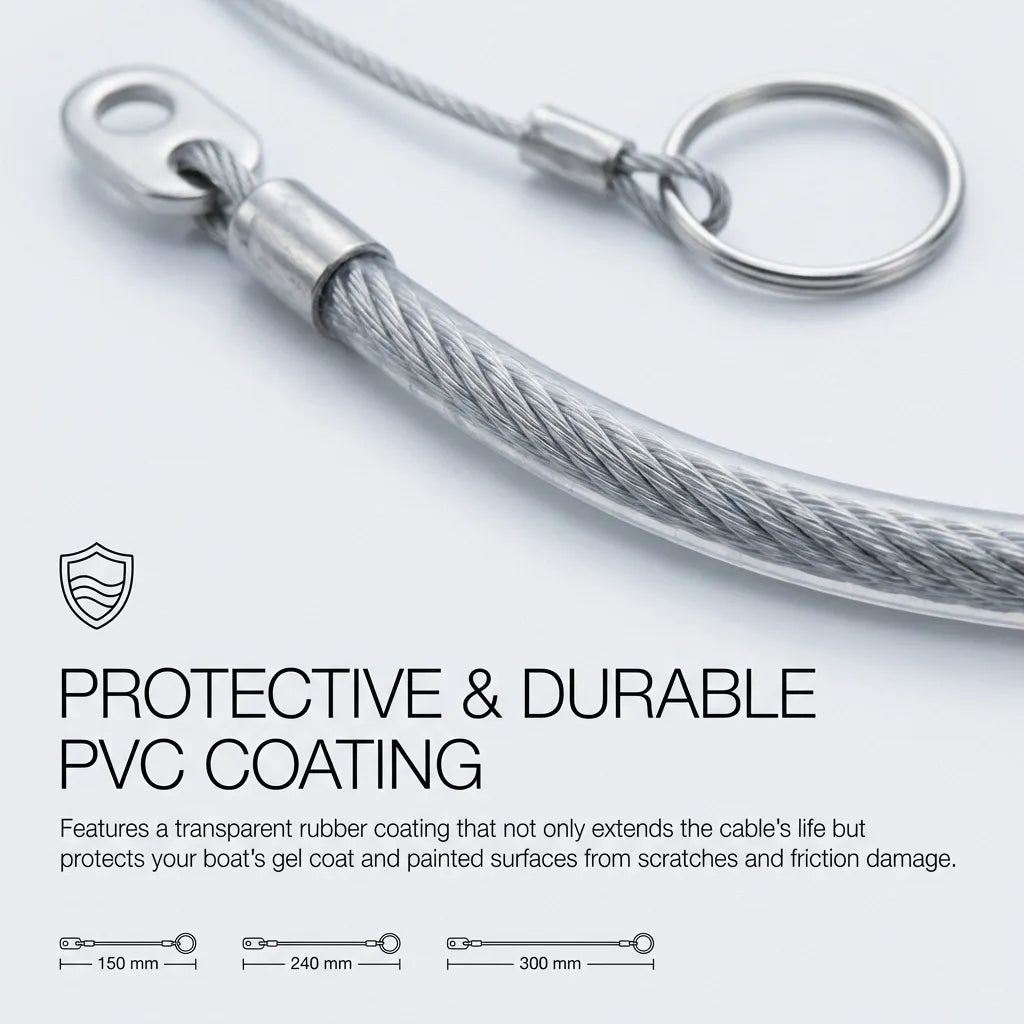 Macro view of the transparent PVC coating over braided stainless steel wire rope, designed to protect boat gel coats from scratches.