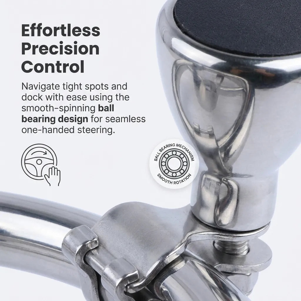 Technical detail highlighting the internal smooth-spinning ball bearing mechanism for effortless precision control during boat docking.