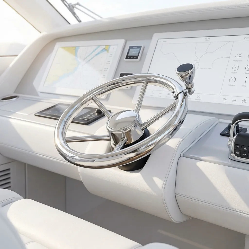 Perspective view of a modern yacht helm station featuring the high mirror polish steering knob installed on a stainless steel wheel.