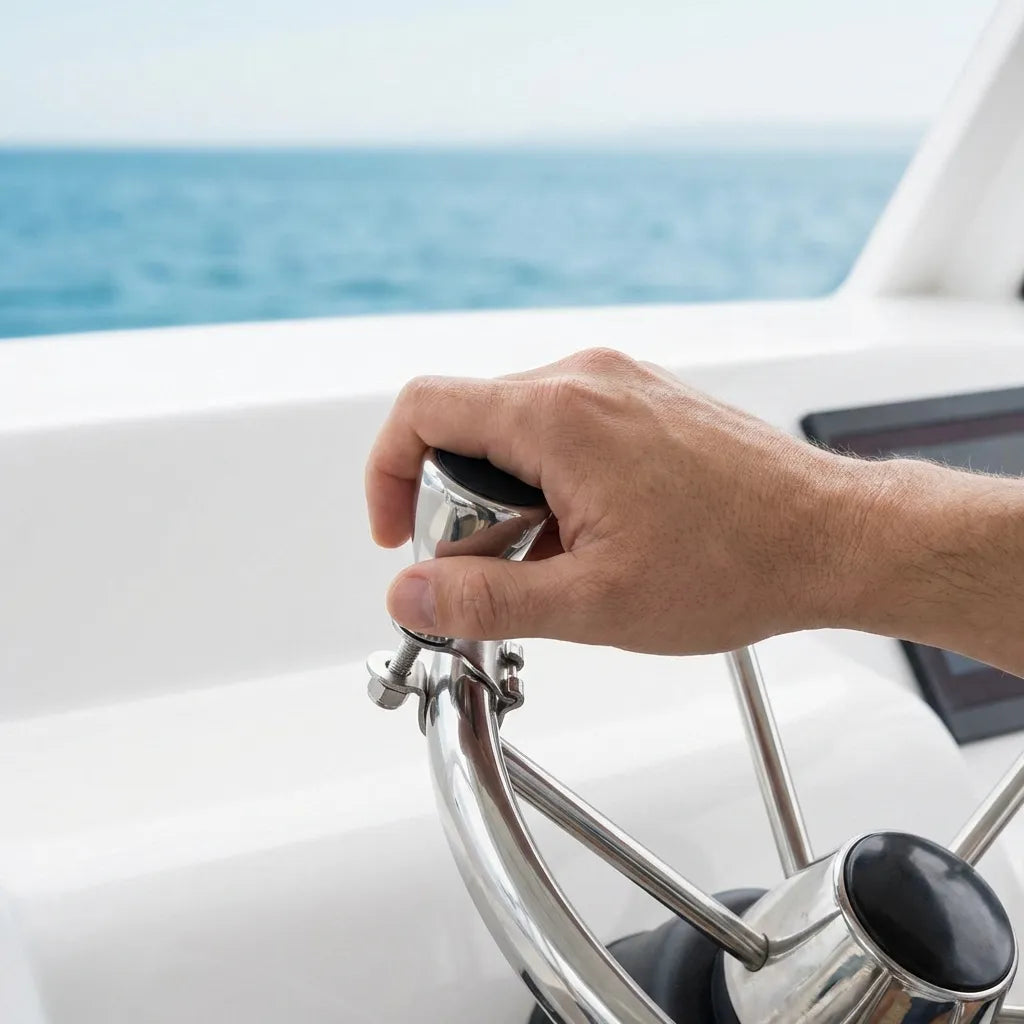 Close-up of a captain's hand using the stainless steel steering knob on a yacht's steering wheel for precise one-handed maneuvering.