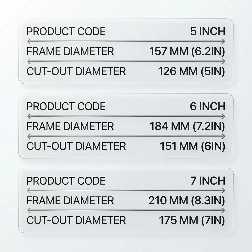 Technical dimension chart showing product codes for 5 inch, 6 inch, and 7 inch models with frame and cut-out diameters in millimeters and inches.