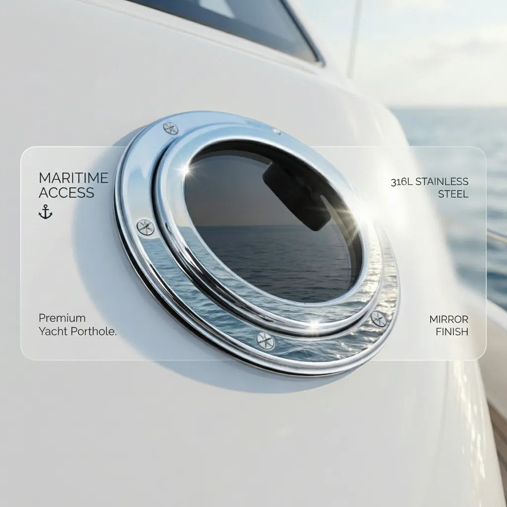 Close-up of the premium 316L stainless steel porthole installed on the hull of a white luxury yacht with sea horizon reflection.