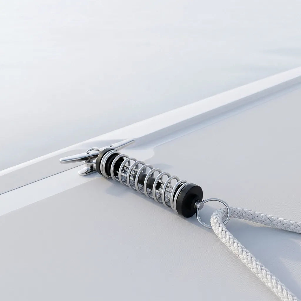 Close-up of a mooring spring shock absorber attached to a marine boat cleat and white braided dock line on a fiberglass vessel deck.