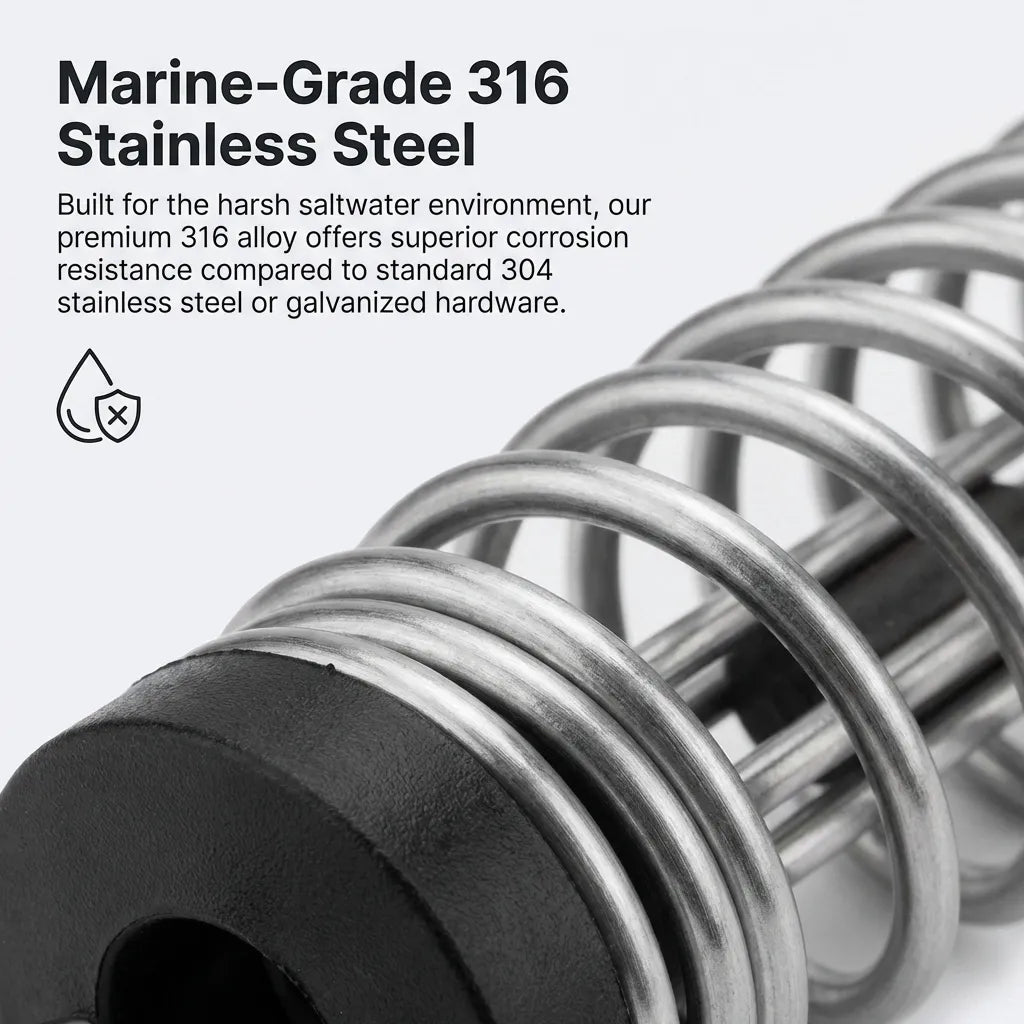 Forensic close-up showing the precision CNC-coiled 316 stainless steel wire and the internal polymer muffler of the mooring spring.