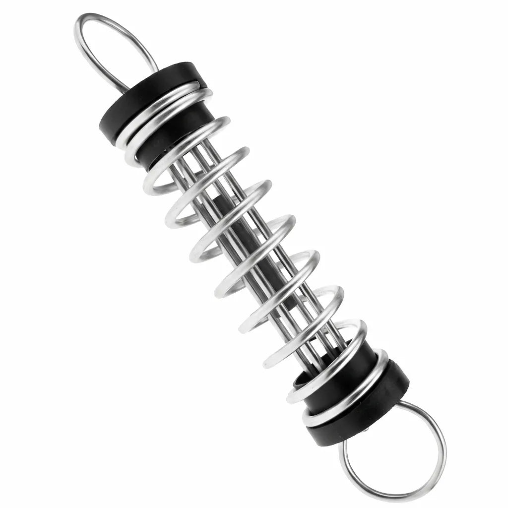 Hero view of AirowMarine 316 stainless steel mooring spring shock absorber on a white background, featuring high-polish finish and black rubber dampeners.
