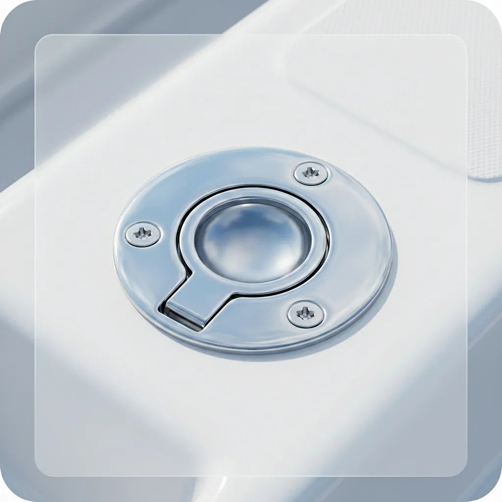 The round flush lift ring installed on a white fiberglass boat surface, illustrating its low-profile aesthetic integration.