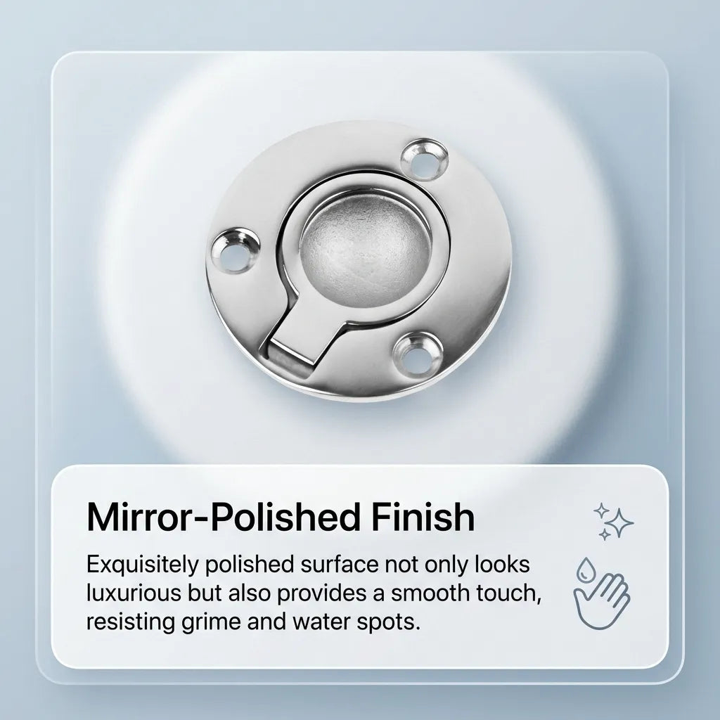 Close-up detail of the mirror-polished surface finish which resists grime and water spots while providing a luxury feel.