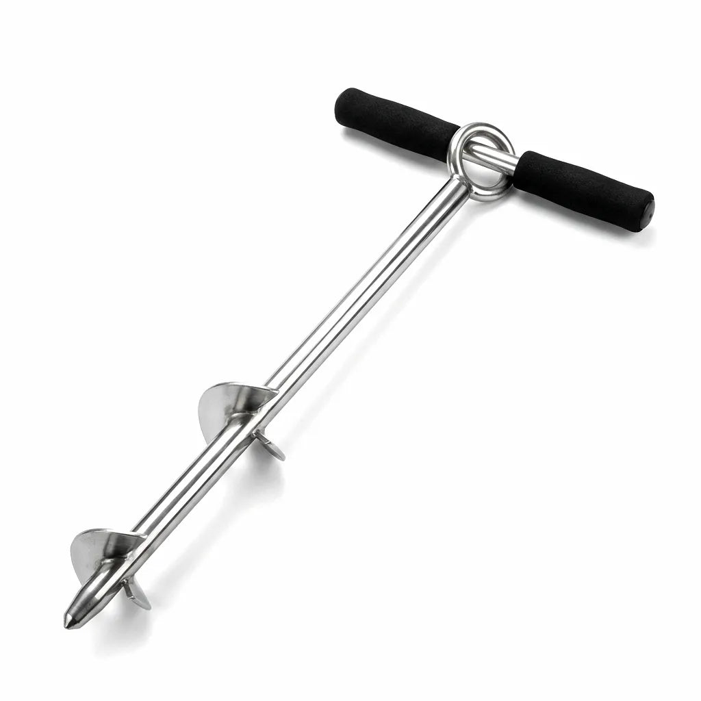 Professional 316 marine-grade stainless steel sand anchor with mirror finish, featuring an ergonomic T-handle and dual-plate auger screw for secure beach mooring.