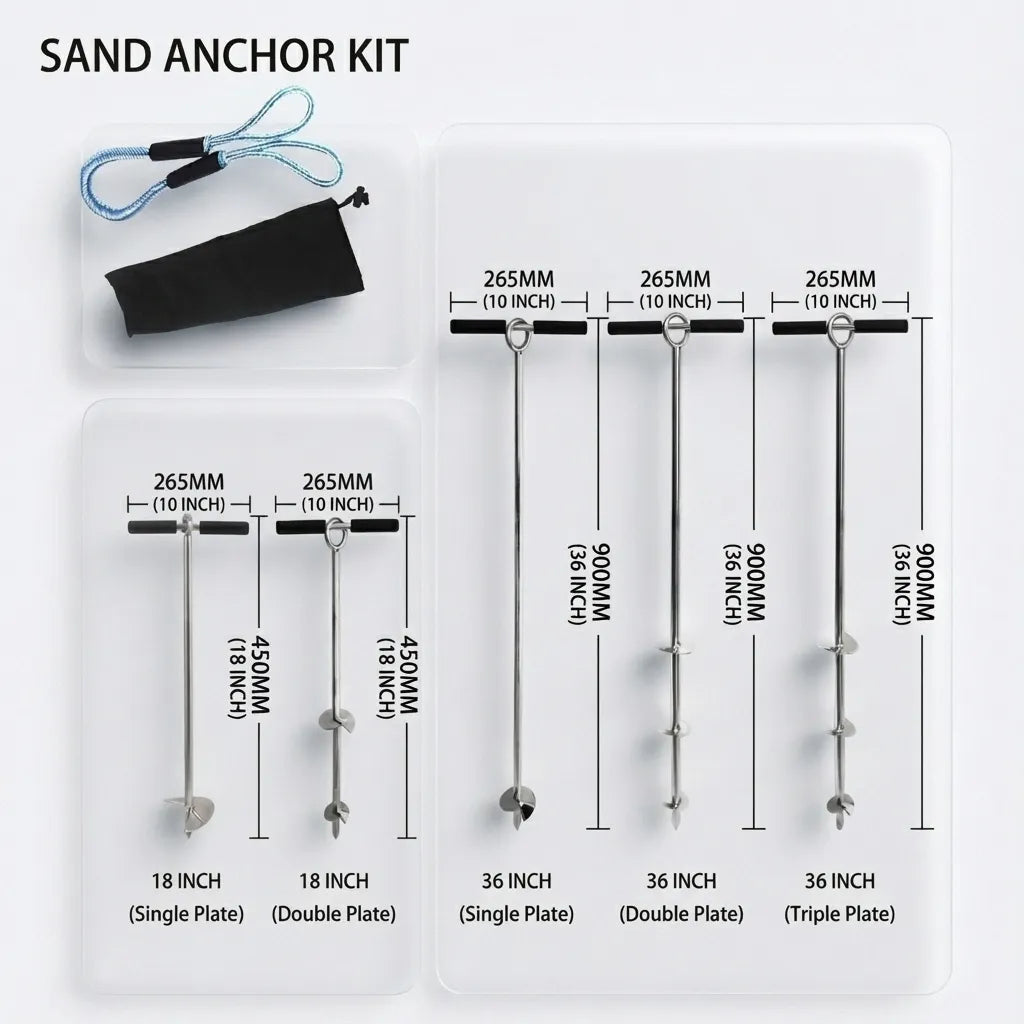 Comprehensive dimension chart comparing 18 inch and 36 inch lengths with single, double, and triple auger plate configurations for different vessel weights.