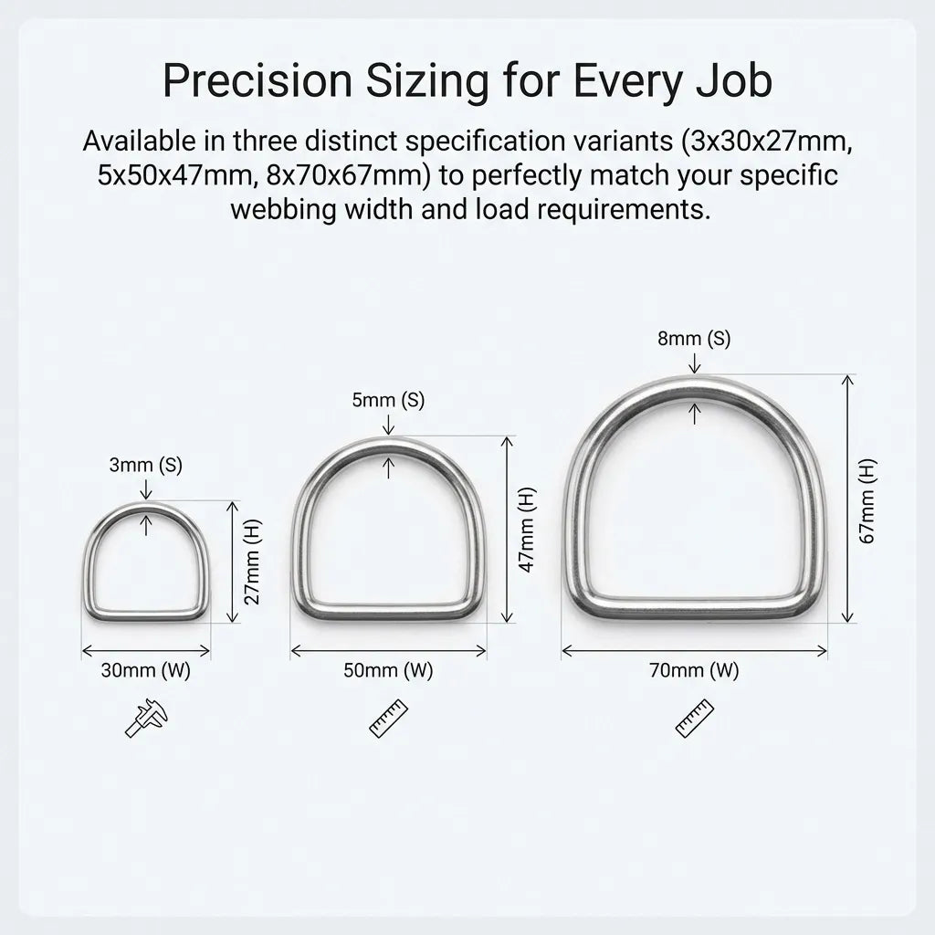 Detailed dimension guide showing inner width (W) and height (H) for matching webbing straps to D-rings.