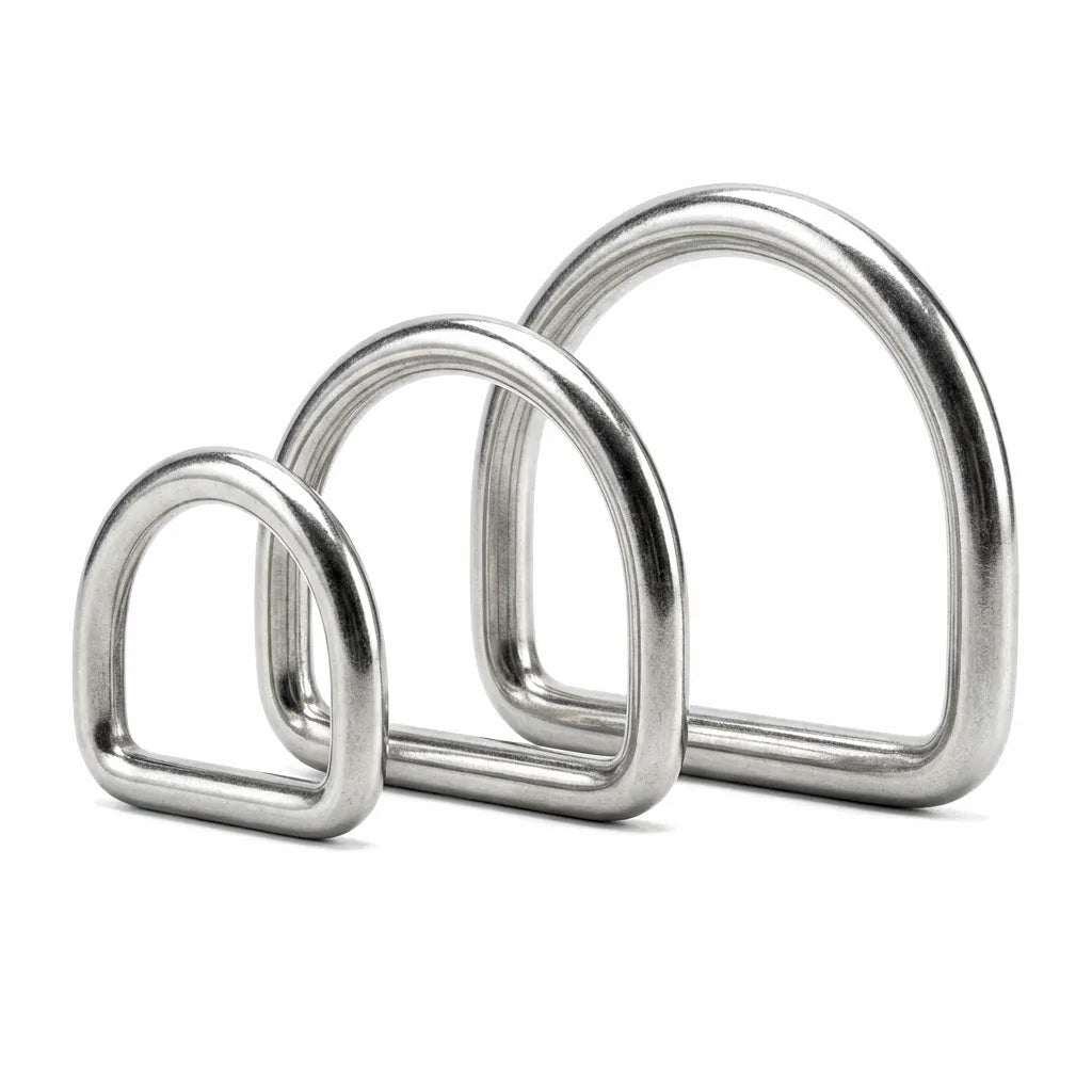 Three varying sizes of 316 marine-grade stainless steel welded D-rings showcasing high-polish finish and seamless construction.